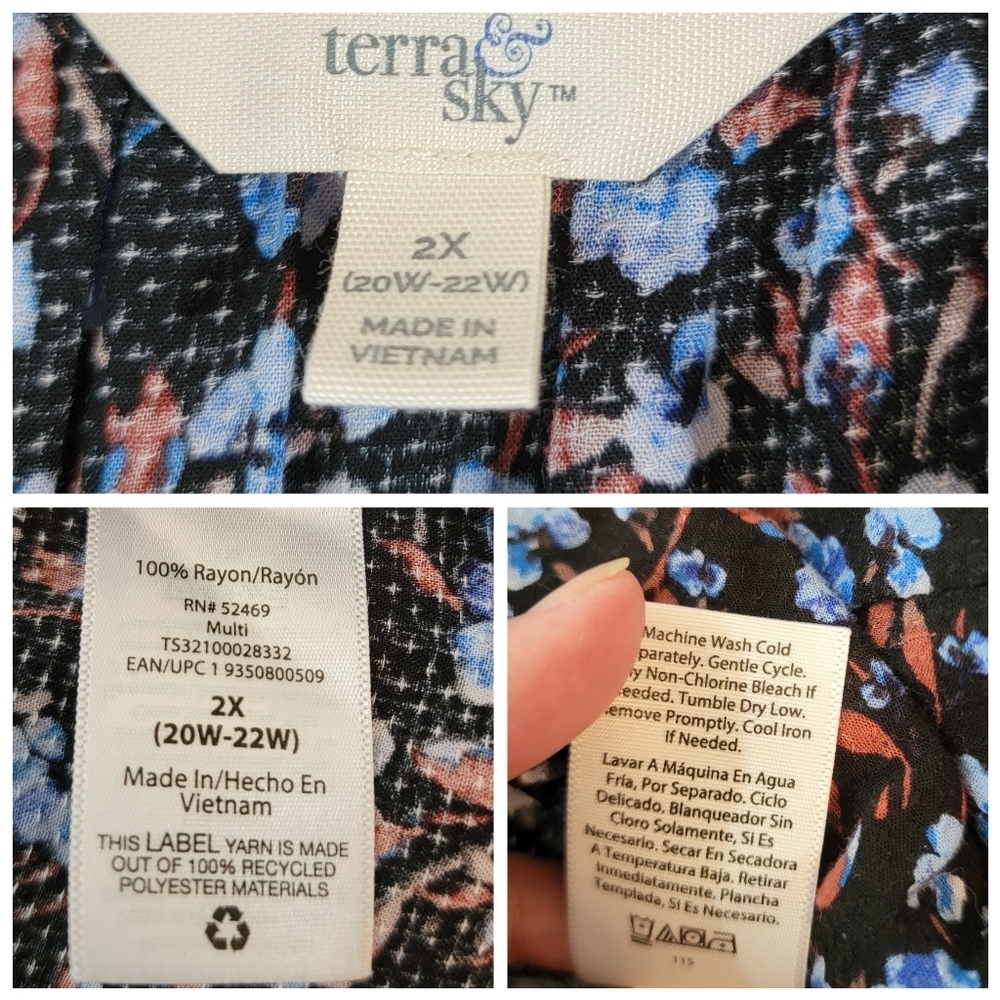Terra Sky Women's Plus Size Peasant Dress 2X Blue Floral Long Sleeve Pocket Fall - Picture 12 of 13